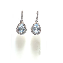 Load image into Gallery viewer, 9ct White Gold Aquamarine and Diamond Pear Halo Drop Earrings
