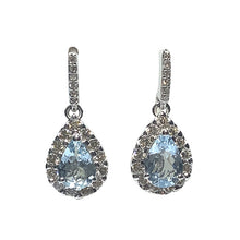 Load image into Gallery viewer, 9ct White Gold Aquamarine and Diamond Pear Halo Drop Earrings