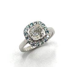 Load image into Gallery viewer, Secondhand 18ct White gold 0.91ct Cushion Cut White and Blue Diamond Ring