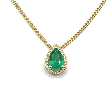 Load image into Gallery viewer, 18ct Gold Emerald and Diamond Pear Halo Necklace