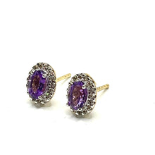 Load image into Gallery viewer, 9ct Gold Amethyst and Diamond Oval Cluster Earrings