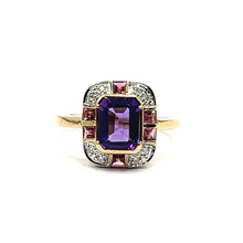 Load image into Gallery viewer, 9ct Gold Amethyst and Pink Tourmaline Deco Inspired Ring