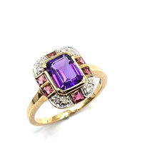 Load image into Gallery viewer, 9ct Gold Amethyst and Pink Tourmaline Deco Inspired Ring