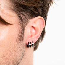 Load image into Gallery viewer, Steel with Blue Stripe Huggie Earrings