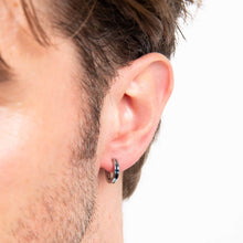 Load image into Gallery viewer, Steel with Blue Stripe Huggie Earrings