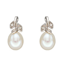 Load image into Gallery viewer, 9ct White Gold Pearl and Diamond Leaf Stud Earrings
