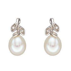 9ct White Gold Pearl and Diamond Leaf Stud Earrings