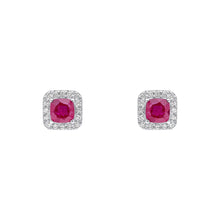 Load image into Gallery viewer, 9ct White Gold Ruby and Diamond Cushion Halo Stud Earrings