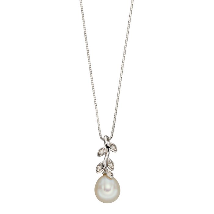 9ct White Gold Pearl and Diamond Leaf Necklace