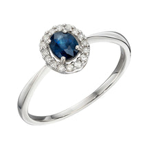 Load image into Gallery viewer, 9ct White Gold Sapphire and Diamond Oval Halo Ring
