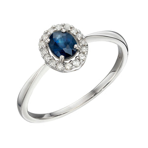 9ct White Gold Sapphire and Diamond Oval Halo Ring