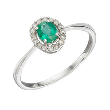 Load image into Gallery viewer, 9ct White Gold Emerald and Diamond Oval Halo Ring