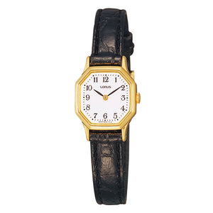 Lorus Ladies Watch Gold Plated With Black Leather Strap