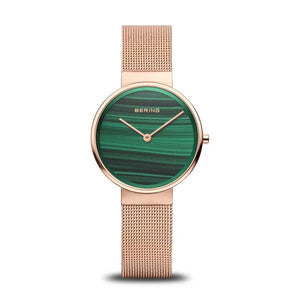 Bering Watch - Classic Rose Gold Steel Mesh with Malachite Dial