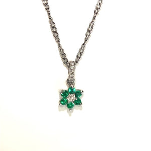18ct White Gold Emerald and Diamond Petite Flower Pendant