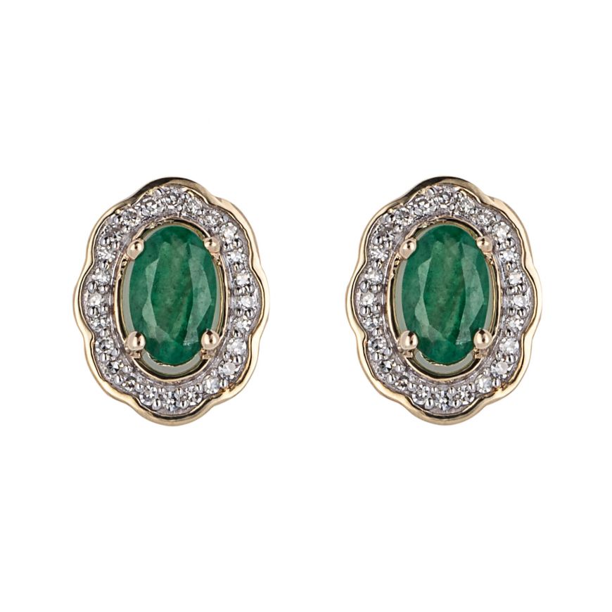 9ct Gold Diamond and Emerald Oval Wave Halo Stud Earrings