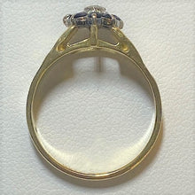 Load image into Gallery viewer, Secondhand 18ct Gold Sapphire and Diamond Cluster Ring with Bark Effect Shoulders
