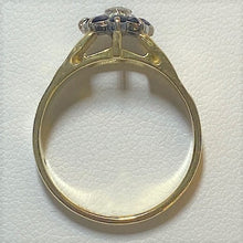 Load image into Gallery viewer, Secondhand 18ct Gold Sapphire and Diamond Cluster Ring with Bark Effect Shoulders