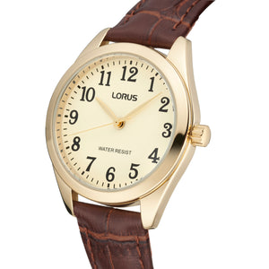 Lorus Ladies Gold Plated Watch With Brown Leather Strap