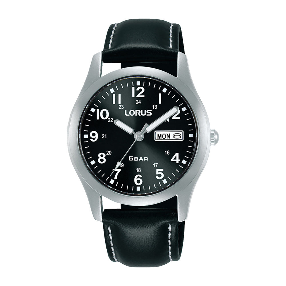 Lorus Gents watch - Steel with Black Dial and Black Leather Strap