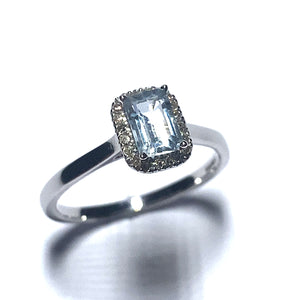 9ct White Gold Aquamarine and Diamond Oblong Halo Ring