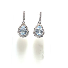 Load image into Gallery viewer, 9ct White Gold Aquamarine and Diamond Pear Halo Drop Earrings
