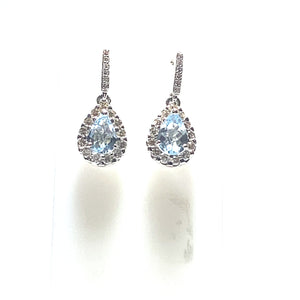 9ct White Gold Aquamarine and Diamond Pear Halo Drop Earrings