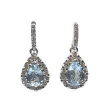 Load image into Gallery viewer, 9ct White Gold Aquamarine and Diamond Pear Halo Drop Earrings
