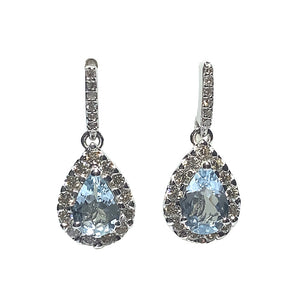 9ct White Gold Aquamarine and Diamond Pear Halo Drop Earrings