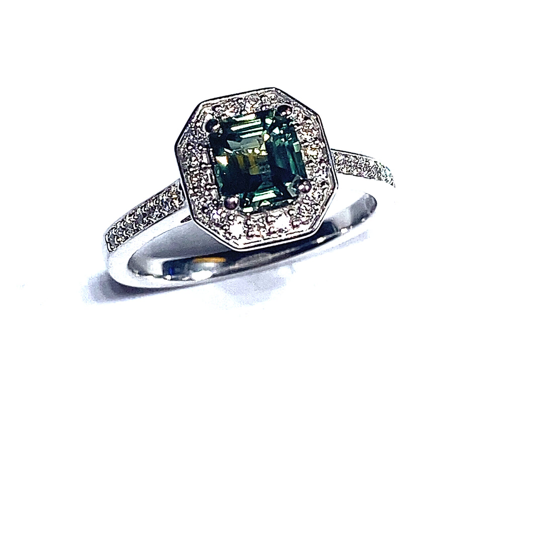 18ct White Gold Teal Sapphire and Diamond Ring