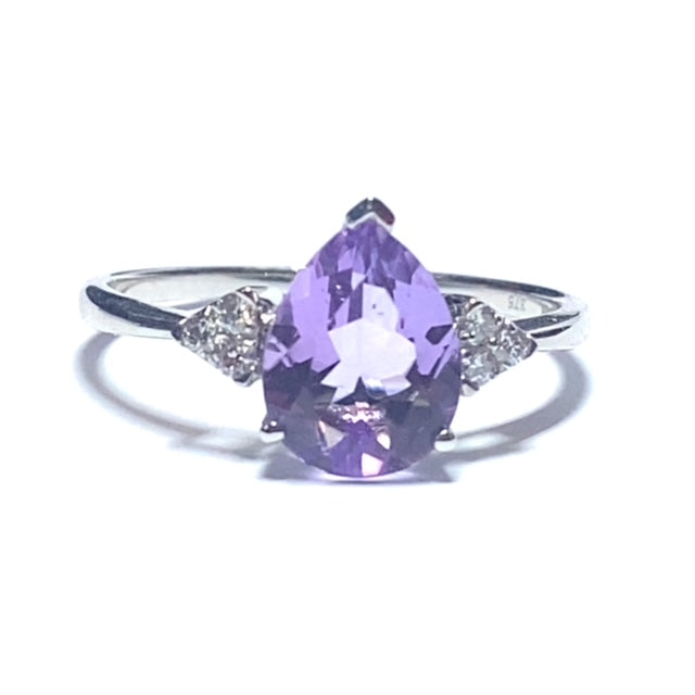 9ct White Gold Pear Cut Amethyst and Diamond Ring