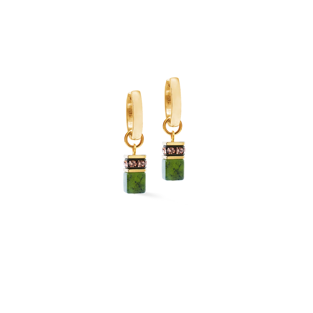 Coeur De Lion Earrings - GeoCube Hoops Green-Gold