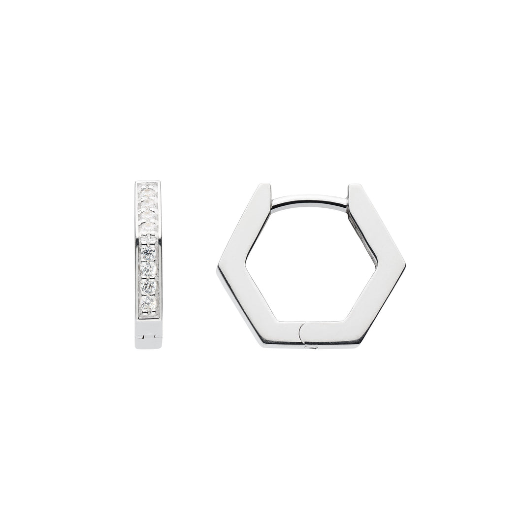 Silver Cubic Zirconia Hexagonal Huggie Hoops