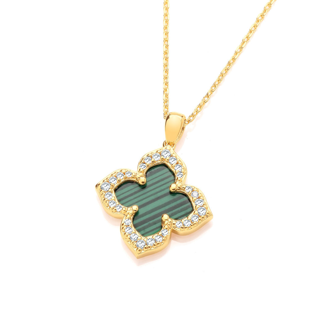 Silver Vintage Clover Necklace - Malachite