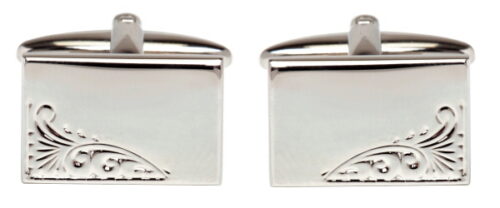 Rectangular engraved leaf rhodium cufflinks