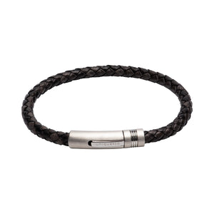 Black Leather Bracelet with Matt Finish Steel Clasp
