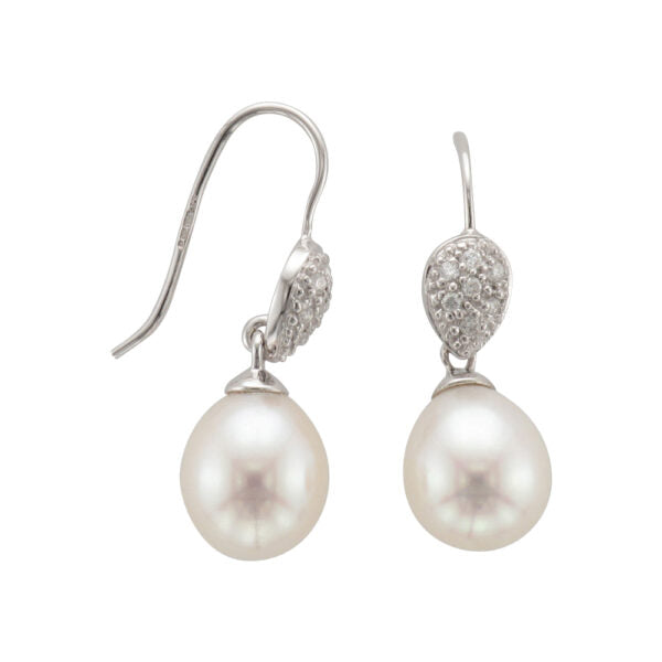 9ct White Gold Pearl and Diamond Hook Drop Earrings