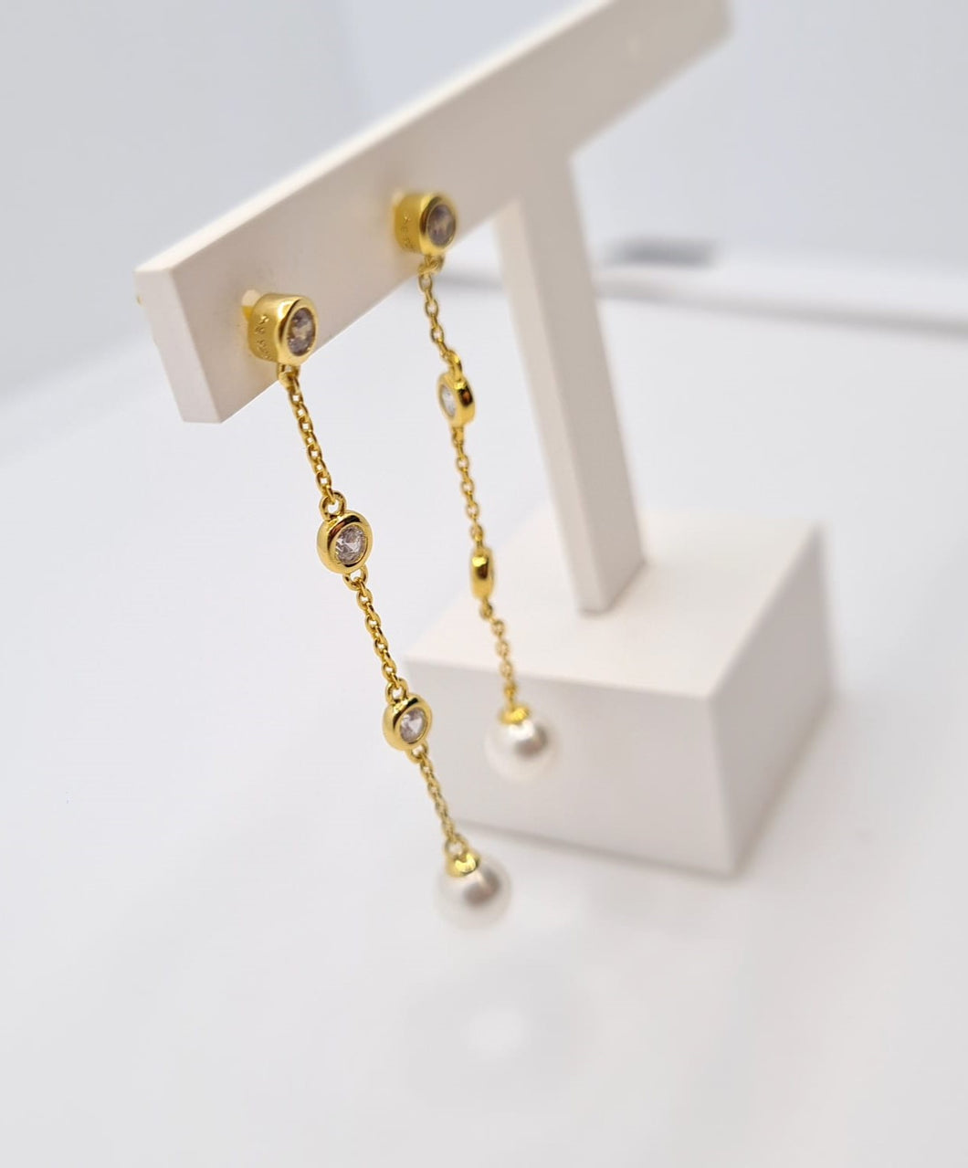 Diamonfire Cubic Zirconia & Pearl Long Chain Drops Gold Plate