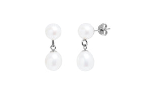 9ct White Gold Double Pearl Drop Earrings