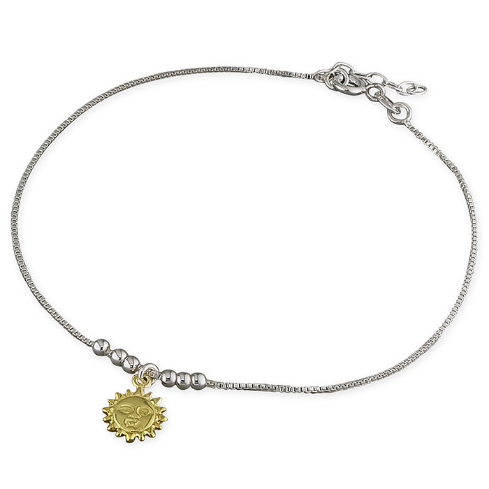 Silver Ankle Bracelet with Gold Plated Sun Charm