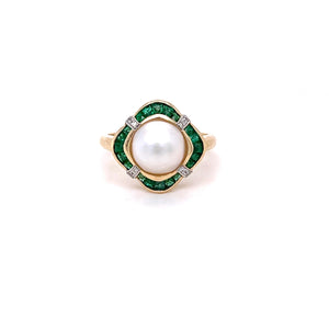 9ct Gold Pearl and Emerald Ring