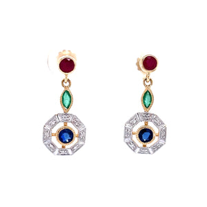 9ct Gold Mixed Precious Gemstone Drop Earrings