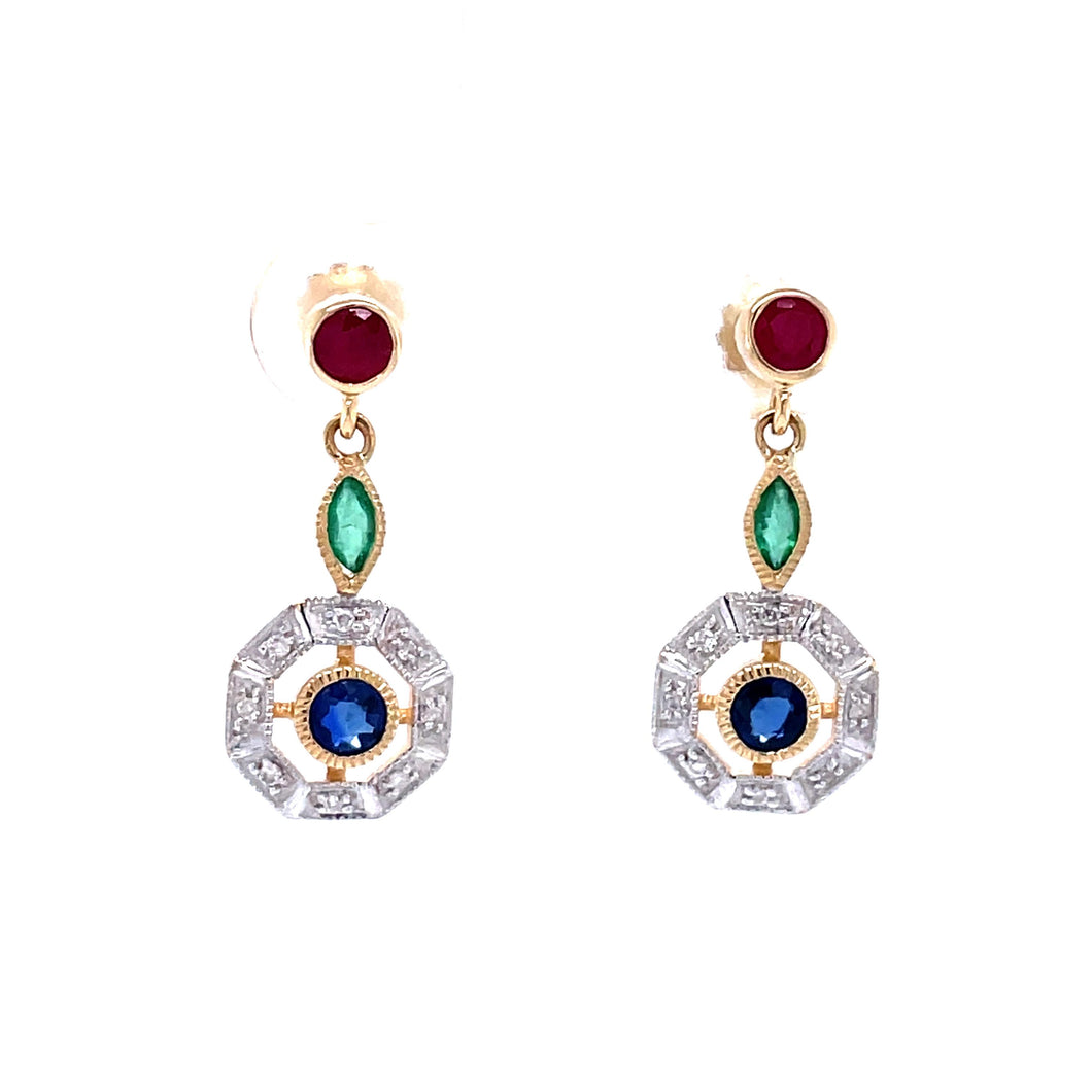 9ct Gold Mixed Precious Gemstone Drop Earrings