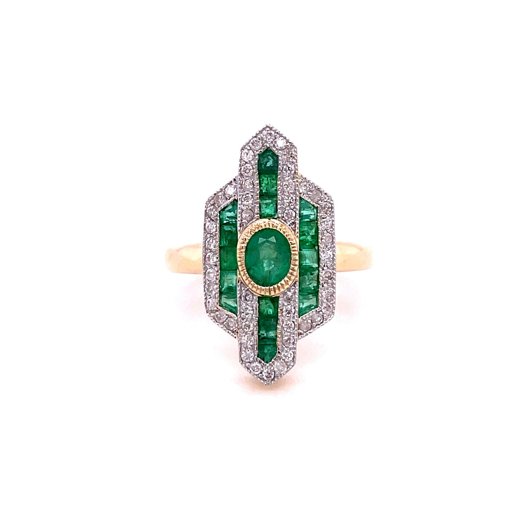 9ct Gold Emerald and Diamond Deco Ring