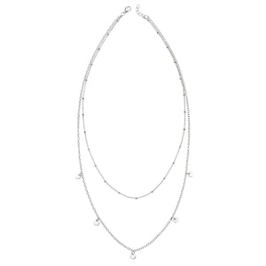 Silver Multi Row Layer Chain & Disc Charm Necklace