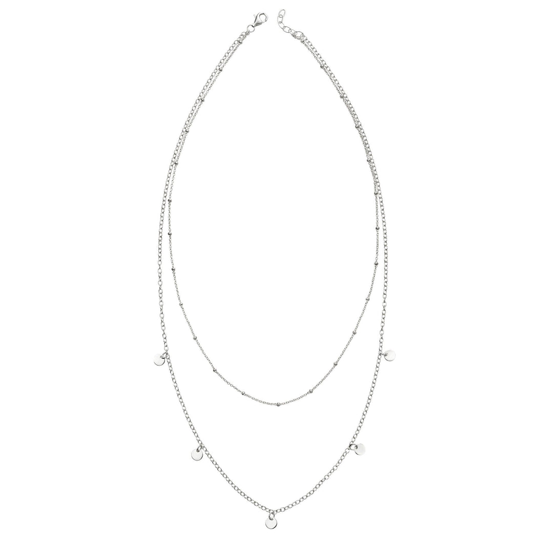 Silver Multi Row Layer Chain & Disc Charm Necklace