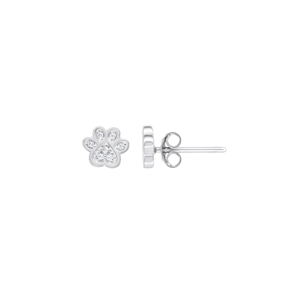 Silver Cubic Zirconia Paw Print Stud Earrings