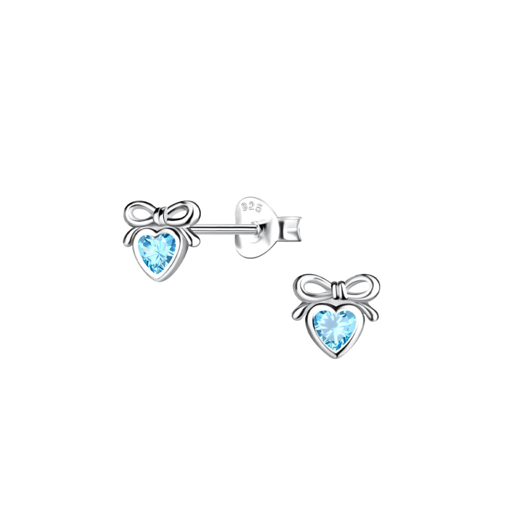 Silver Dinky Bow and Heart Earrings - Blue