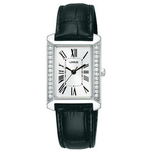 Lorus Ladies’ Black Leather Square Elegance