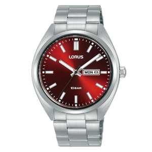 Lorus Gents Stainless Steel Bracelet Watch Red Face Date Square